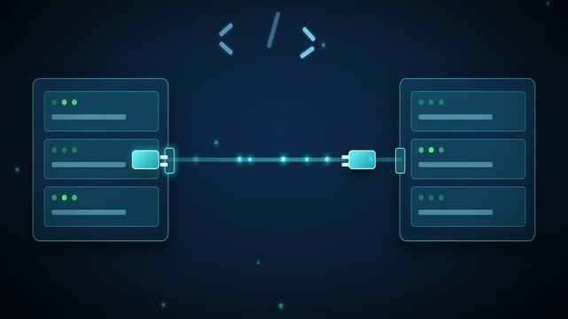 API integration with connecting plugs and flowing data pulses, seamless loop