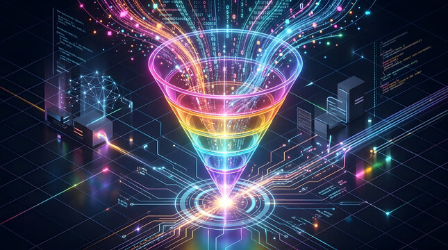 Abstract Visualization of a Glowing Rainbow Funnel Absorbing Binary Code and Digital Information in a High-Tech Server Environment Representing Big Data Processing and Analytics Technology