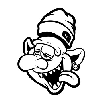 Funny cartoon goblin or elf character wearing a beanie hat vector illustration in black and white