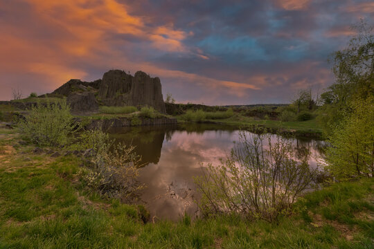 beautiful stone organ on a manor rock at sunset czech central mountains (czech republic)