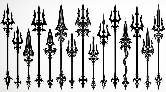 Collection of black ornate trident, spear silhouettes on white background. Various fantasy weapon designs feature intricate patterns, sharp points. Medieval polearm sets include mystical spears,