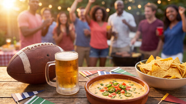 Football, beer and queso tortilla chips with pennant flags create festive Big Game party snacks for backyard celebration marketing.