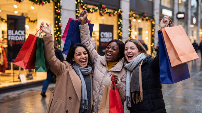 Three happy women celebrating with raised shopping bags on a winter street during holiday sale marketing.
