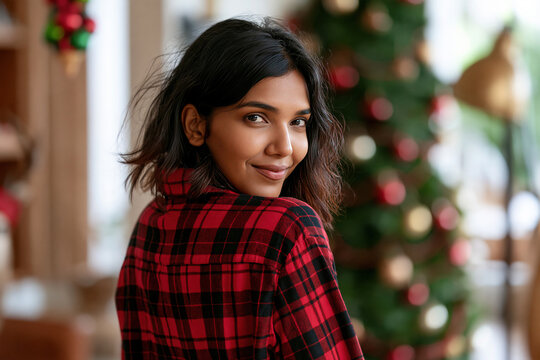 Indian girl smiling wearing flannel shirt, christmas accessories 90s grunge style