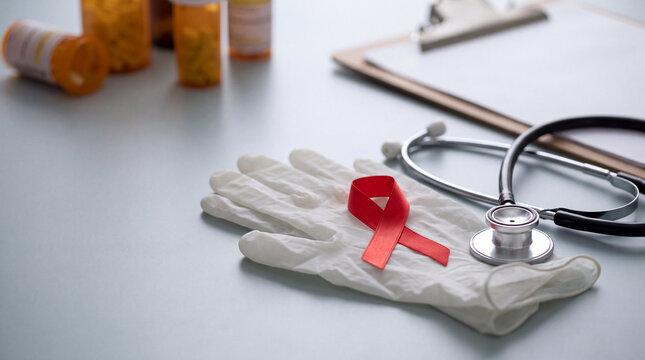 Red ribbon resting on white gloves with stethoscope and clipboard in soft light expresses gentle support for World AIDS Day posts.