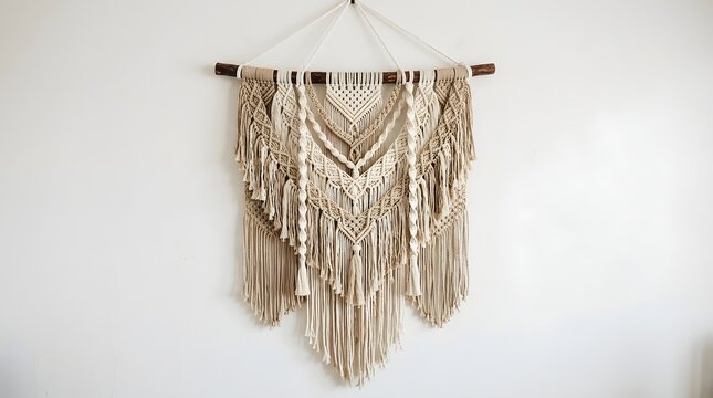 Elegant macrame wall hanging with neutral tones and detailed fringe design on a white wall