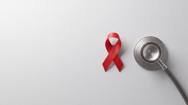 Minimal composition of red ribbon and stethoscope with generous negative space creates quiet solidarity for memorial backgrounds.