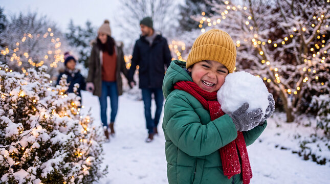 Mixed-race Latino child hugging a snowball in green coat and yellow hat, laughing in a snowy garden with lights for festive holiday photography.
