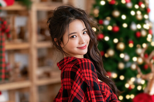 Asian girl smiling wearing flannel shirt, christmas accessories background