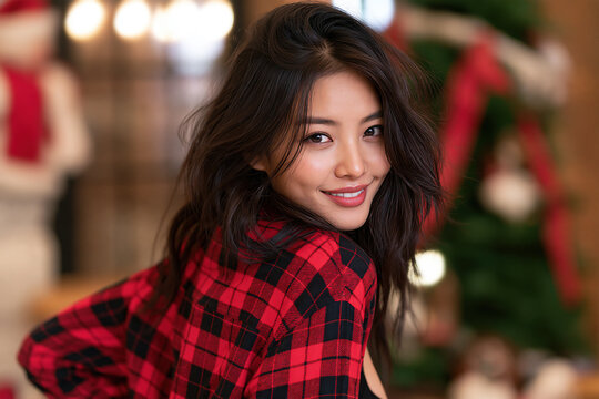 Asian girl smiling wearing flannel shirt, christmas accessories background