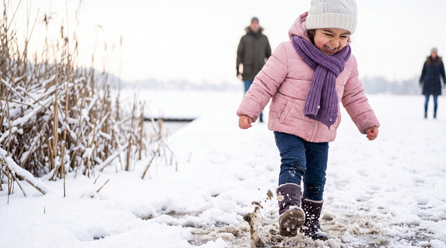 Mediterranean child stomping slushy snow in pink coat and white hat, laughing by a frozen lakeside for playful seasonal backgrounds.