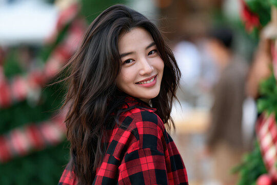 Asian girl smiling wearing flannel shirt, christmas accessories background