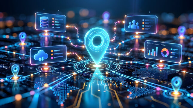 Futuristic Holographic Location Pin Icon on Digital City Map with Data Analytics Dashboards and Global Network Connectivity Interface for Smart City Technology and Navigation Tracking Concept