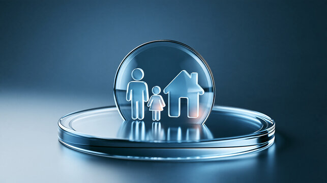 Transparent coin-like disk showing icons of a man, child, and house, symbolizing family and home protection or insurance.