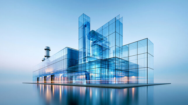A futuristic industrial facility rendered in transparent blue glass, showcasing internal pipes and machinery against a calm, reflective surface.