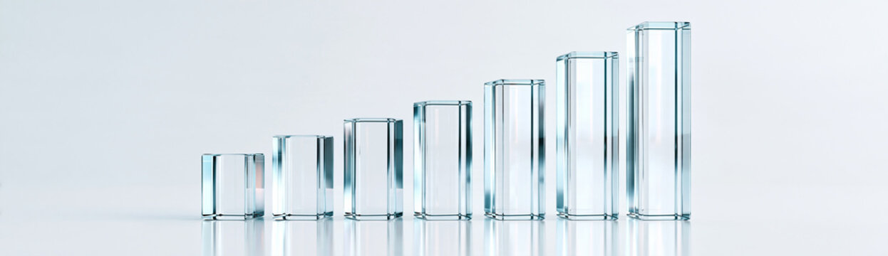 Clear glass cylinders filled with increasing levels of water, arranged in ascending order on a reflective surface against a white background.