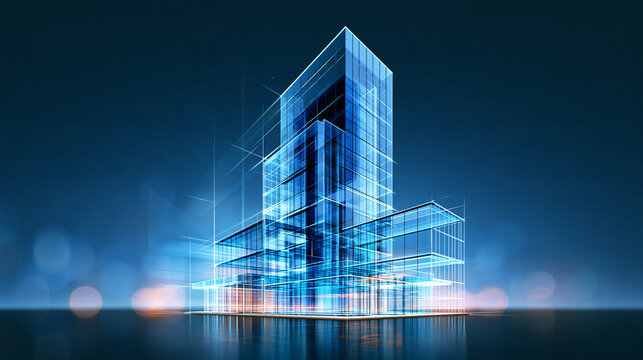A futuristic, transparent wireframe rendering of a modern multi-story building against a dark blue background with glowing light effects.