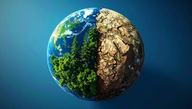 緑豊かな自然と干ばつで荒廃した大地が共存する地球、環境破壊と地球環境の未来を表すCG