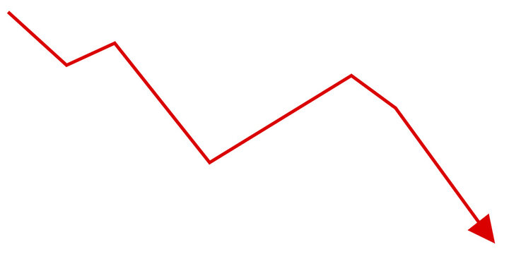 Red Downward Trending Line Graph with Arrow Showing Declining Business Performance, Financial Loss, Stock Market Crash, Sales Drop, Economic Recession and Negative Growth on Transparent Background