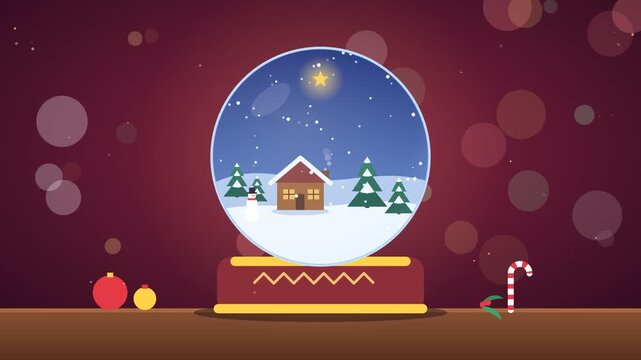 Christmas snow globe with a tiny cottage, seamless loop flat cartoon animation