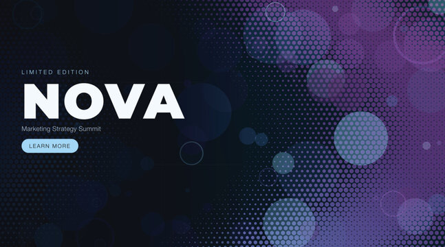 Abstract halftone dot website banner layout. Glowing purple and dark blue gradient circles create modern depth. High tech digital illustration style.