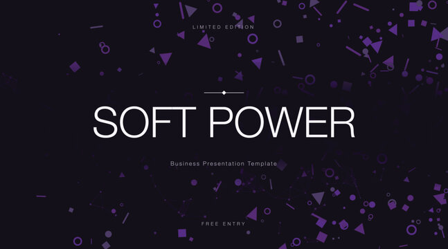 Abstract dark purple geometric presentation background slide. Floating confetti shapes and digital network particles frame the central typography.