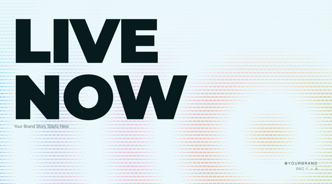 Live now streaming event banner template. Bold black typography overlays soft pastel halftone patterns. Minimalist digital graphic design.