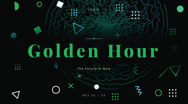 Abstract dark event banner template. Green geometric shapes and wave lines decorate the dark backdrop. Modern Memphis style poster graphic.