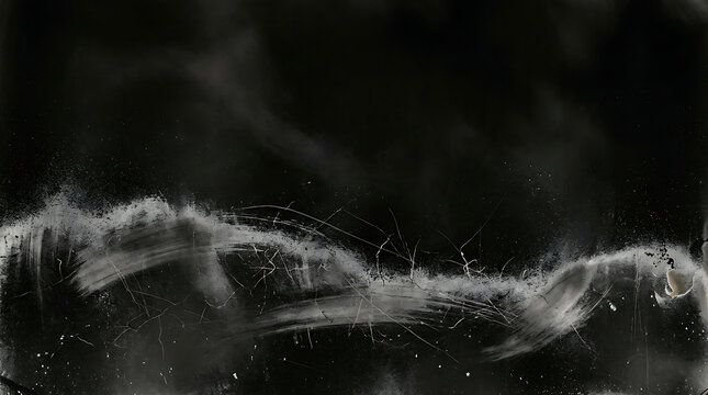 Abstract dark graphite texture with white dust particles and scratched surface overlay.