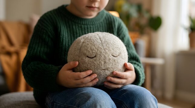 Young child wearing a green knit sweater hugging a soft plush toy in a cozy home interior setting