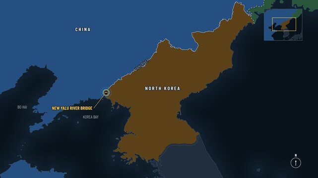 Map slowly zooming toward two cities facing each other across a river
