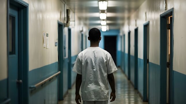 Back view of a solitary individual walking down a long clinical hallway in an institutional setting representing isolation and confinement