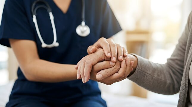 Nurse holding hands of senior patient showing care, empathy, support and comfort in hospital or homecare setting