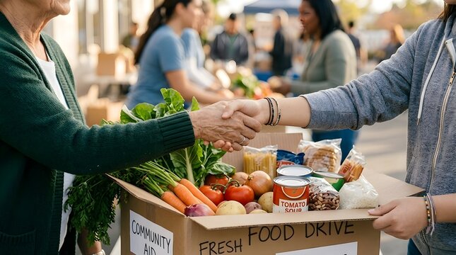 Volunteer shaking hands with woman while donating fresh vegetables and grocery box at local community food drive