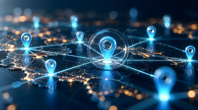 Futuristic holographic global map featuring glowing blue location pin icons and digital network connections, representing international logistics, global communication, and GPS data technology.