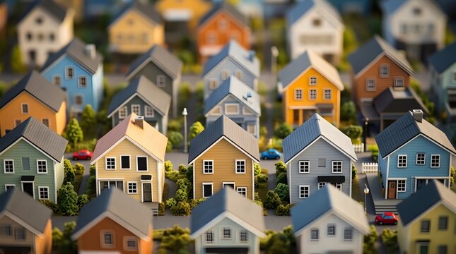 Miniature model neighborhood with colorful suburban houses in a planned residential community real estate concept