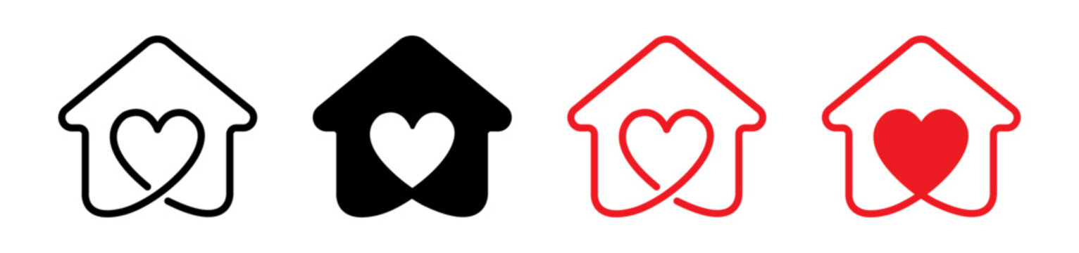 House with heart icon set representing love home family care and real estate in outline and solid styles vector illustration