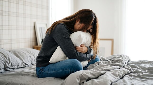 Depressed young woman sitting on bed hugging pillow feeling sad and lonely