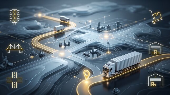 Industrial logistics hub showing supply chain network with delivery trucks on a digital topographic map with warehouse and infrastructure icons