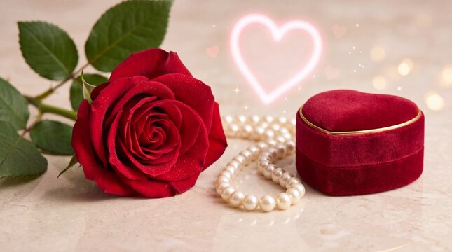 Valentine's Day Red rose flower next to a velvet heart shaped jewelry box and pearl necklace on table with marble surface beside white pearls glowing heart shapes