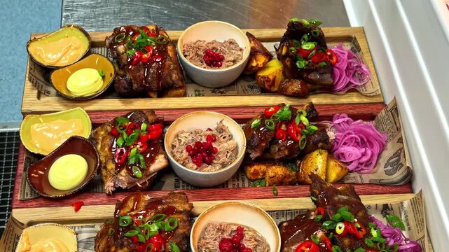 Professional chef preparing delicious bbq pork ribs with chili, scallions, and lingonberries