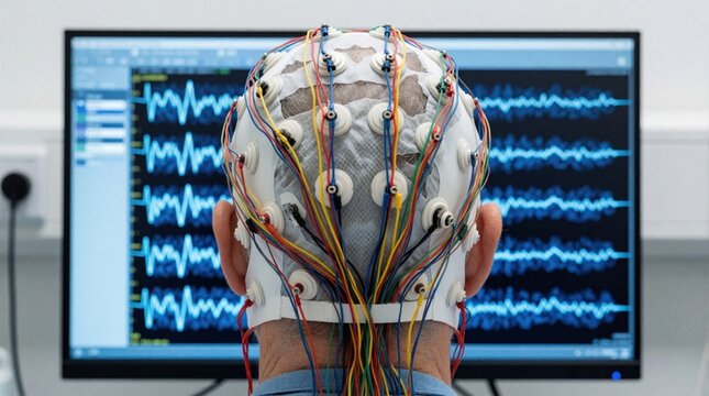 Back view of adult patient wearing EEG electrode cap with colorful wires. Medical monitor shows brain wave activity during neurology exam. Clinician uses electroencephalogram equipment to diagnose