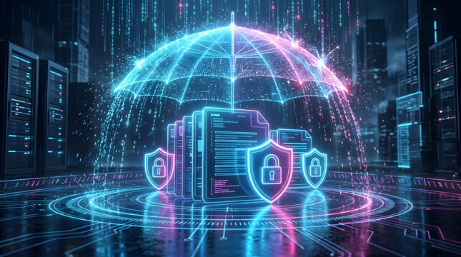 Conceptual Cyber Security Visualization Featuring a Glowing Holographic Umbrella Protecting Digital Data Documents and Secure Shield Icons with Padlocks in a Futuristic Server Room Environment