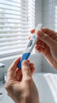 Female hands hold white, blue ovulation test device in bright bathroom. Close up of pregnancy test tool showing positive result for fertility tracking. Woman checks reproductive health, hormone cycle