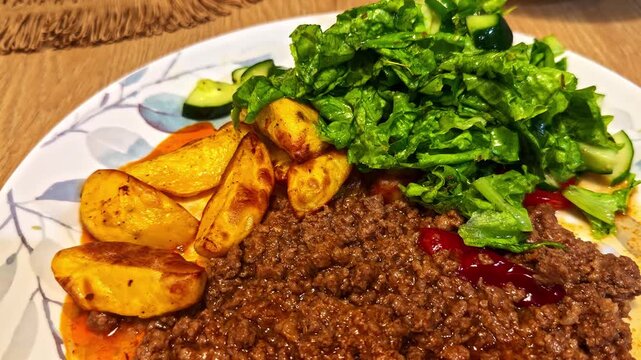 A widening view reveals a patterned plate of minced meat in sauce, browned potato wedges, lettuce and cucumber on a wooden table.