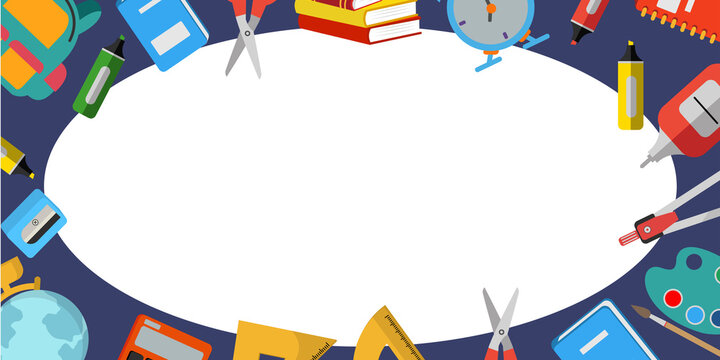 School supply border with flat design icons of stationery items for educational web page layouts and classroom greeting card template