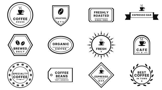 Coffee shop badge and label set, black silhouette emblems, espresso roastery and cafe logo templates, editable vector