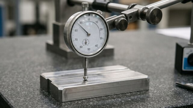 Precision dial indicator measuring metal part on granite surface plate, industrial quality control gauge, mechanical engineering metrology tool