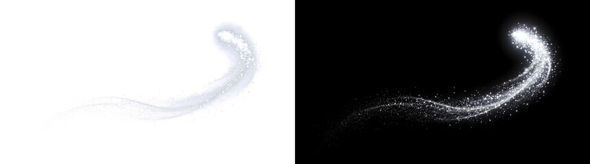 Glitter comet of silver sparkling particles sweeping in a curved fading trail for magical overlays in PNG, Transparent and Black Background Versions © Crafter