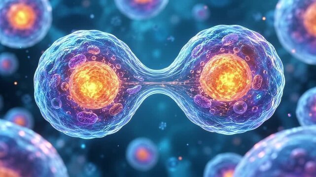 Cell Division 3D Medical Animation Showing Two Cells During Mitosis, Cellular Reproduction and Microscopic Biology Process for Science and Medical Education